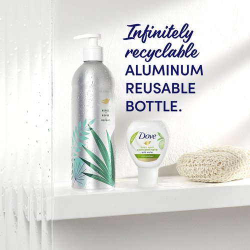 Dove Body Wash Aluminum Reusable Bottle and Concentrate Refill (2x) Starter Kit for Instantly Soft Skin Cucumber for skin care and Lasting Nourishment 4oz (makes 16oz)