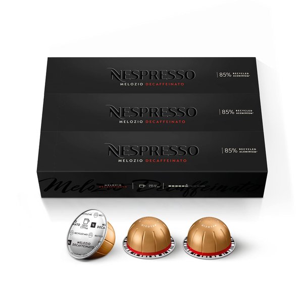 Nespresso Vertuo Melozio Decaffeinato, Medium Roast Espresso, 10 Count (Pack of 3) Coffee Capsules (VERTUO ONLY)
