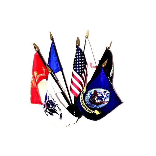 MADE IN THE USA!! RAYON UNITED STATES MILITARY WORLD FLAG SET with Black Base-7 Rayon 4"x6" Flags, One Flag for Each Armed Service, POW/MIA and USA; 4x6 Miniature Desk Flags, Small Mini Stick Flags