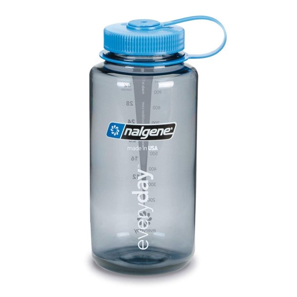 Nalgene Tritan Wide Mouth BPA-Free Water Bottle, Gray/Blue Lid, 1 Quart