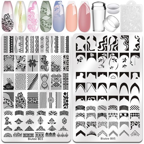 Biutee Nail Stamping Plate French Tip Nail Stamp Plate 2PCS French Line Lace Nail Stamping Kit with Nail Stamper Nail Plates Templates for Nail Art Decoration DIY