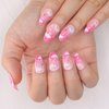 morily 24pcs Press on Nails Medium Length Almond Fake Nails Kit Long Ombre Pink Acrylic False Nails with White Cloud Design Crystal Artificial Glossy Stick on Nails Finger Manicure for Women and Girls
