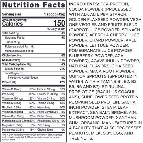Vega Organic All-in-One Vegan Protein Powder, Chocolate - Superfood Ingredients, Vitamins for Immunity Support, Keto Friendly, Pea Protein for Women & Men, 13.2 oz (Packaging May Vary)