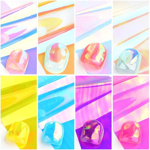 Gradient Aurora Glass Paper Nail Art Sticker, Nail Art Supplies Film Broken Glass Nail Foil Transfers Decals Cellophane Mirror Colorful Design for Women DIY Nail Art Decoration（8 Sheets）