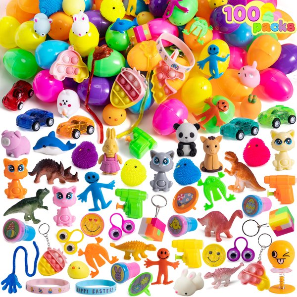JOYIN 100 Pcs Prefilled Easter Eggs with Novelty Toys Premium for Easter Theme Party Favor, Easter Eggs Hunt, Easter Basket Stuffers Fillers, Classroom Supplies