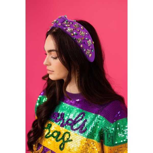 Mardi Gras Headbands for Women Crown Mask Headband Gree Purple Gold Rhinestone Crystal Knotted Headband Mardi Gras Accessories Fat Tuesday Outfits Parade Pary Favors (Fleur De Lis 1 - Purple)