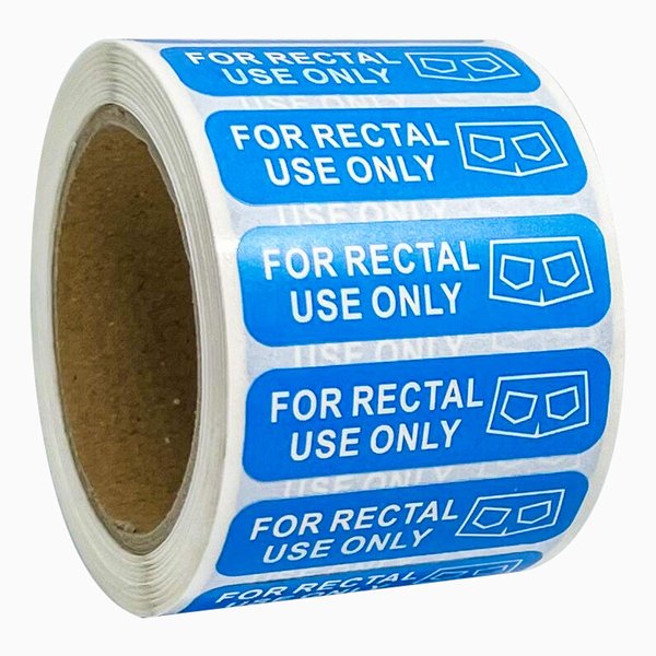 500 for Rectal Use Only Stickers / 1.5" x .433" Blue Stickers with Permanent Adhesive Made with Durable PVC Material Waterproof - White Lettering, Easy to Read