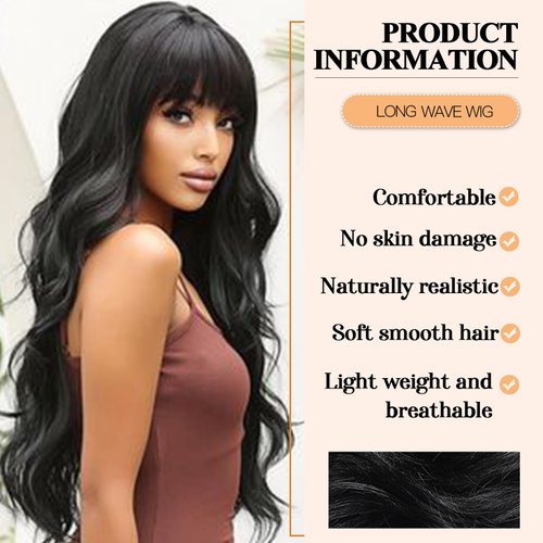 Allbell Long Wavy Wig with Bangs Black Wigs for Women 26 Inch Curly Wigs Natural Looking Synthetic Heat Resistant Fiber Wigs for Daily Party Use