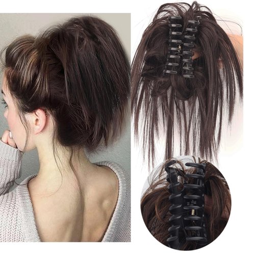 Claw Clip Messy Hair Piece Tousled Updo Messy Hair Bun Hair Scrunchies Synthetic Wavy Curly Chignon Hair Extension Ponytail Hairpieces for Women (Dark Brown)