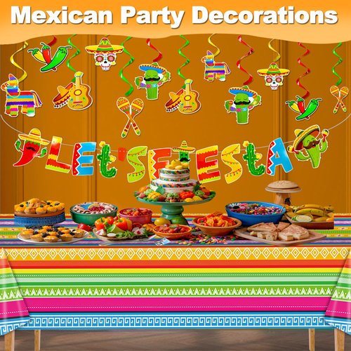 86 Pcs Mexican Party Decorations, Fiestas Party Decorations Supplies Tableware Set Serves 24, Include Paper Plates, Napkins, Hanging Swirls, Tablecloth, Banner for Cinco De Mayo Dcecorations Birthdays