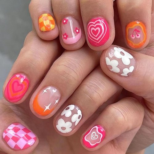 Short Square Press on Nails Pink Fake Nails French Tips False Nails with Rainbow Colorful Flower Heart Lattice Pattern Summer Acrylic Stick on Nails Artificial Glue on Nails for Women & Girls 24Pcs
