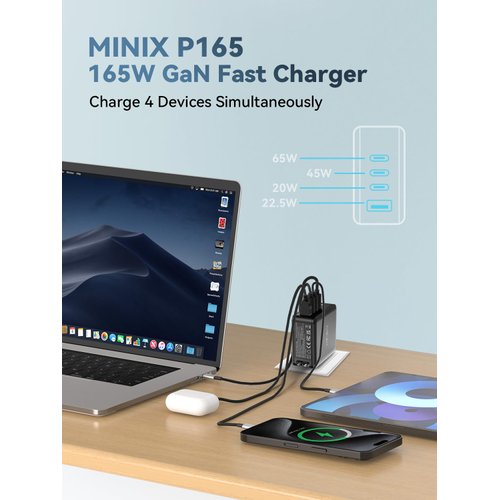 MINIX 165W USB C Charger, 4-Port GaN Charger Laptop 140W Charger PD 3.1 Fast Charging Power Adapter Foldable Plug for MacBook Pro 16”, iPad Pro, iPhone 16/15/14, Galaxy S24/S23, with US/EU/UK Plug