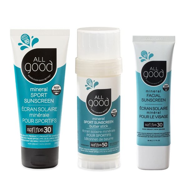 All Good Sport Mineral Sunscreen & Facial Sunscreen Bundle - UVA/UVB Broad Spectrum, Water Resistant - Includes (1) SPF 50 Butter Stick, (1) SPF 30 Lotion, & (1) SPF 30 Facial Sunscreen