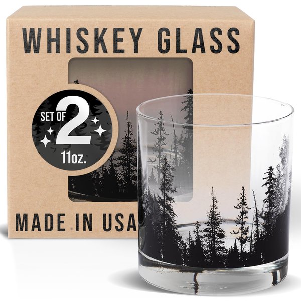 Black Lantern Handmade Whiskey Glasses - Unique Themed Cocktail & Everyday Use Drinking Glasses, Perfect for Outdoor Enthusiasts & Nature Lovers - (Set of Two 11oz. Glasses) Forest Landscape