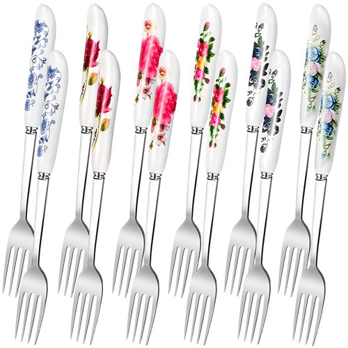 12Pcs Stainless Steel Forks Silverware Set - Reusable Silverware Dinner Forks for Restaurant Ceramic Long Handle Fork Cutlery Set - Dessert Forks and Spoons for Home Kitchen Silverware Forks Set