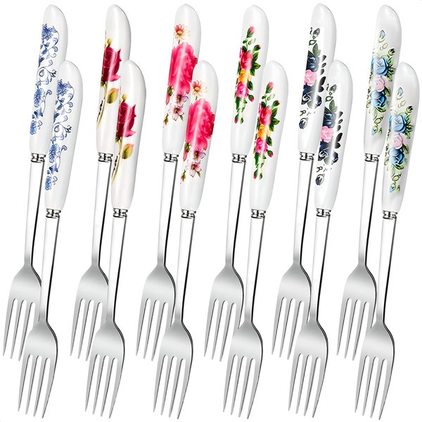 12Pcs Stainless Steel Forks Silverware Set - Reusable Silverware Dinner Forks for Restaurant Ceramic Long Handle Fork Cutlery Set - Dessert Forks and Spoons for Home Kitchen Silverware Forks Set