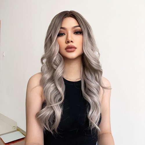 VKheroKV WL-01 Women's Wavy Ombre Ash Blonde Wig Long Length Synthetic Heat Resistant Nature Curly Wigs Cool Fancy Color For Party Daily Halloween Cosplay (Ombre Ash Blonde)