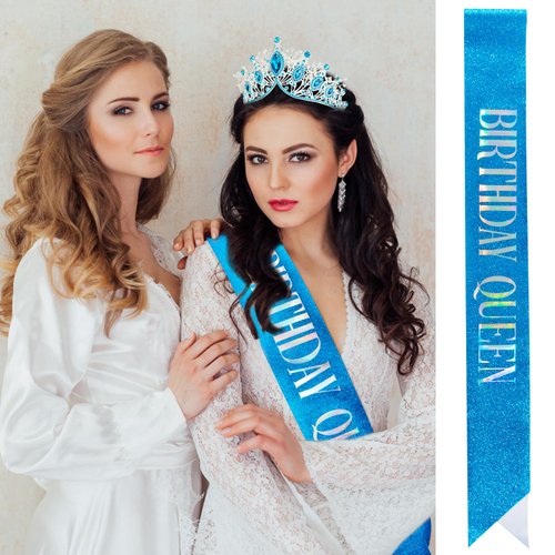VELSCRUN Blue Crystal Birthday Tiara Crowns for Women Girls Elegant Queen Crown Headband Birthday Queen Sash Happy Birthday Queen Party Decorations Birthday Cake Topper Hair Accessories