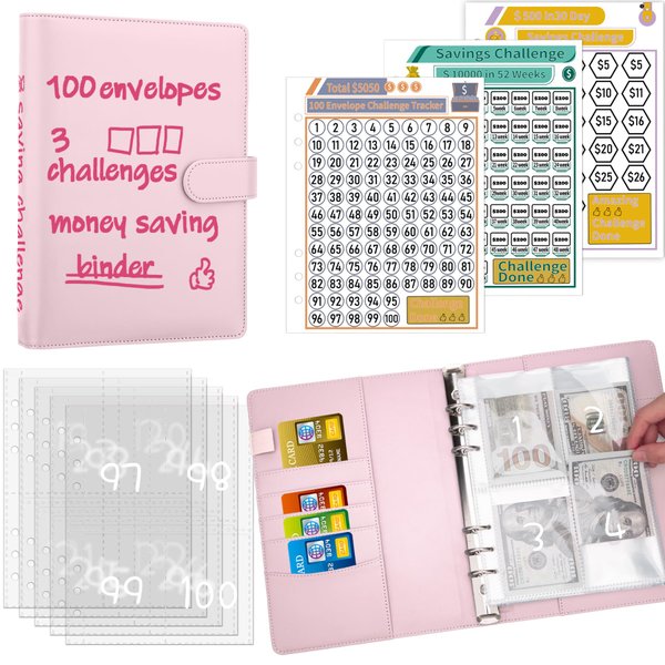 Antner 100 Envelopes Challenge Binder Money Savings Challenges Book to Save $5,050 and $10,000 and $500, A5 Money Saving Planner Cash Envelope Budget Binder, Pink