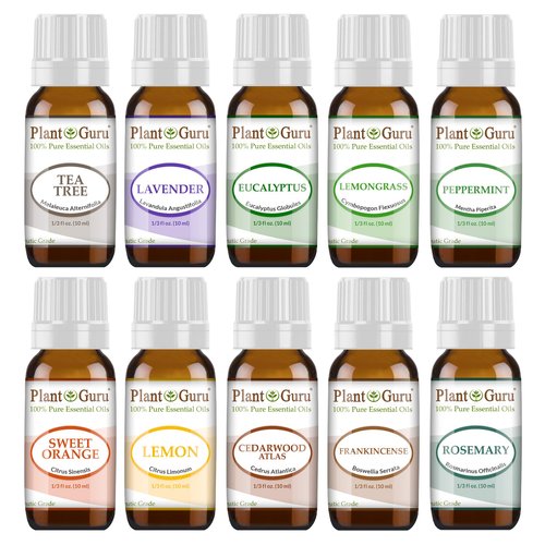 Essential Oil Set 10-10 ml. Therapeutic Grade 100% Pure Cedarwood, Eucalyptus, Frankincense, Lavender, Lemon, Lemongrass, Sweet Orange, Peppermint, Rosemary, Tea Tree for Skin, Body, Hair, Diffuser