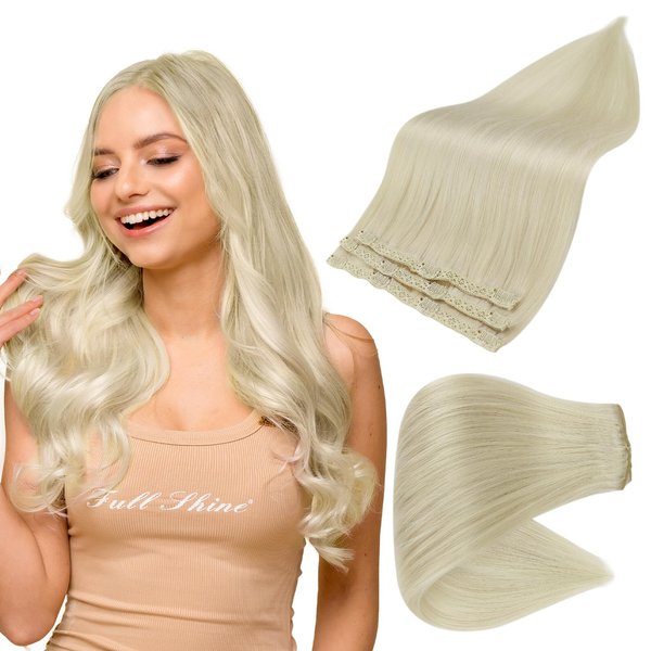 Full Shine Blonde Clip in Hair Extensions Human Hair 14 Inch Human Hair Clip in Extensions Double Weft Hair Platinum Blonde Real Hair Clip ins for Women Invisible Soft Hair 60 Grams 3Pcs