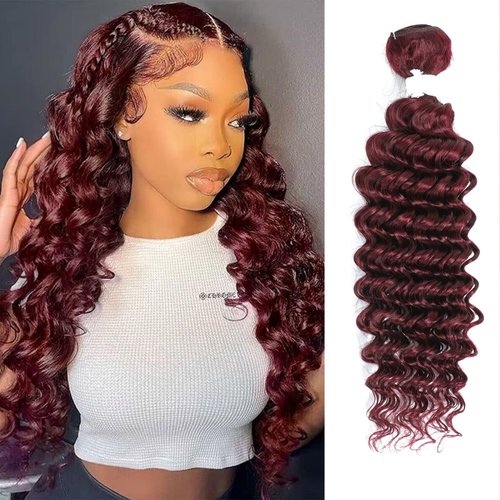 REMY HAIR Human Hair Bundles Red Deep Wave Bundles Colored #99j Burgundy Deep Weave One Bundle 18 Inch Brazilian Virgin Human Hair Extensions for Black White Women