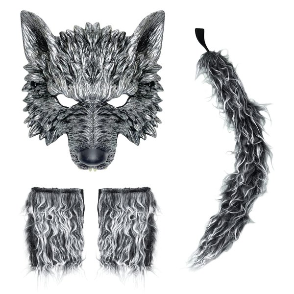 HyperFun Werewolf Costume Halloween Wolf Mask Gloves and Tails Set, Realistic Wolf Costume Cosplay Accessories Kit (Gray wolf)