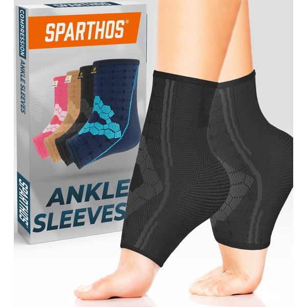 Sparthos Ankle Compression Sleeve (Pair) – Plantar Fasciitis Brace with Arch Support – Foot Ankle Socks for Men and Women – Increase Blood Circulation, Reduce Swelling & Heel Spurs (Black-M)