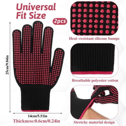 Ptwola 2 Pcs Heat Resistant Gloves With Silicone Non-Slip Bumps Professional Heat Blocking Fireproof Glove Mitts for Curling Wand Hot-Air Brushes Hair Styling Flat Iron Sublimation Gloves
