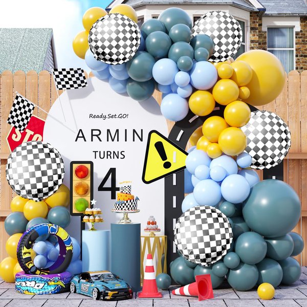 Race Car Balloons Garland Arch Kit, Retro Yellow Blue Balloons Arch Kit with Race Checkered Balloons for Children Racing Car Theme Party Boys Race Car Birthday Baby Shower Party Supplies