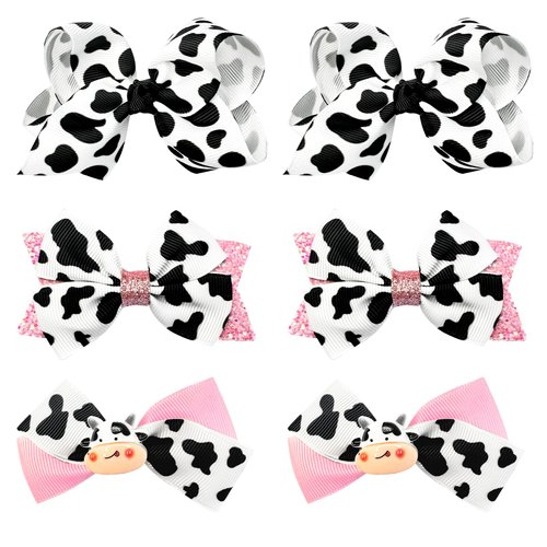 Cow Print Hair Bows Clips for Girls,Cute Moo Cow Bows Grosgrain Ribbon Hair Bow Alligator Clips for Toddler Children Kids Women Cowgirl Birthday Party Costume Hair Accessories Birthday Gifts, 6Pcs
