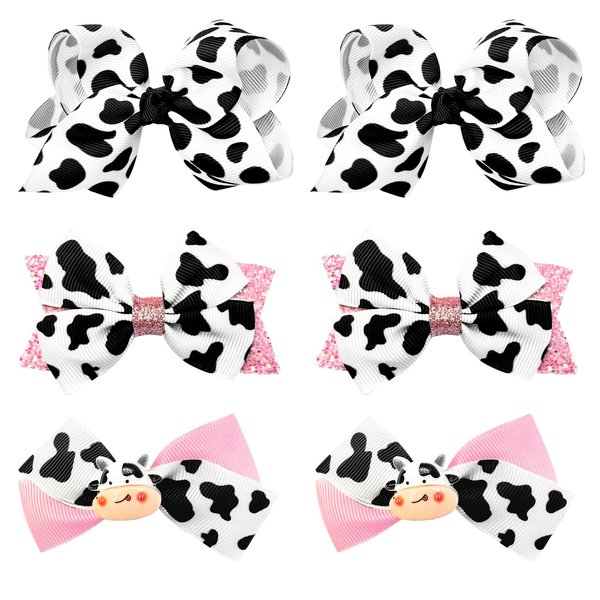 Cow Print Hair Bows Clips for Girls,Cute Moo Cow Bows Grosgrain Ribbon Hair Bow Alligator Clips for Toddler Children Kids Women Cowgirl Birthday Party Costume Hair Accessories Birthday Gifts, 6Pcs