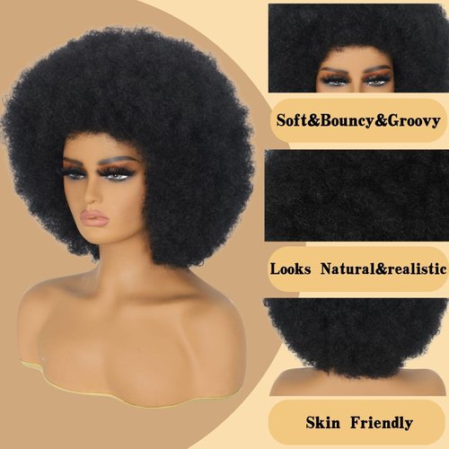 MYCNIMY Afro Wigs for Black Women 70s Afro Curly Wigs Soft Natural Looking Fluff and Bouncy Black Afro Wigs Synthetic Hair Big Afro Wig for Daily Party Cosplay Costume(Black)