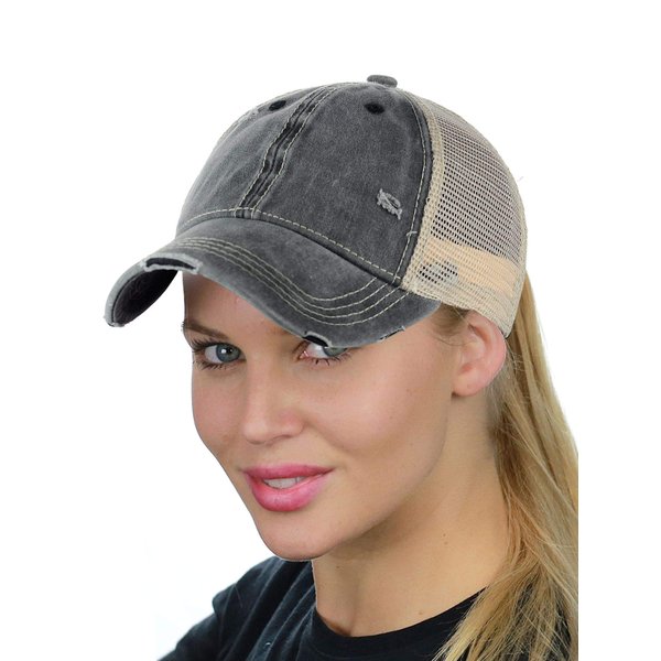 C.C Ponycap Messy High Bun Ponytail Adjustable Mesh Trucker Baseball Cap Hat, Washed Black