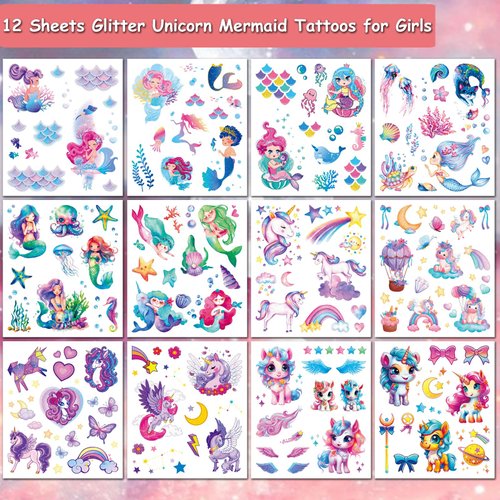 Hohamn Glitter Temporary Tattoos for Girls - 120+ Styles Mermaid Fake Tattoos for Girls Kids Birthday Party Supplies Favors, Baby Shower