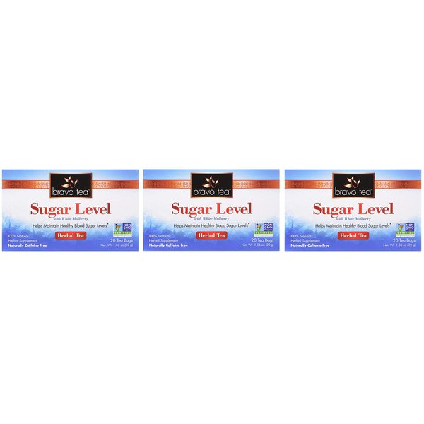 Bravo Tea, Sugar Level (Blood Sugar) Herbal Tea, Caffeine Free, 20 Tea Bags (Three Pack)