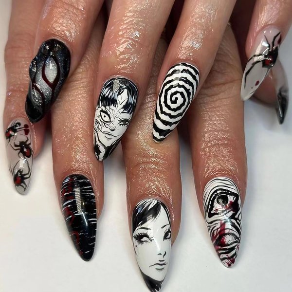 24Pcs Medium Press on Nails Almond Fake Nails Punk Cartoon Anime Design Black White Full Cover Acrylic False Nails Glue on Nails Gothic Glossy Reusable Design Acrylic Nails for Women Manicure Tips