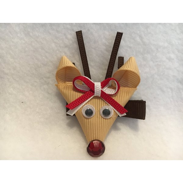 Rudolph Hair Clip, Reindeer Hair Clip, Ribbon Sculpture, Girls Hair Accessory