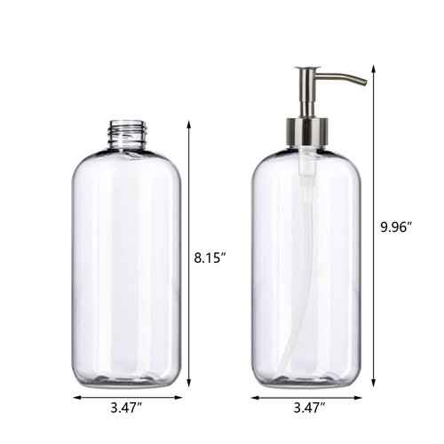Refillable 32oz Dispenser Plastic Bottle 2pack with Steel Pumps, 1 Liter Crystal Clear Multi-Use Empty Container with Funnel for Shampoo, Conditioner, Body Wash, Liquid Hand Soap, Lotion