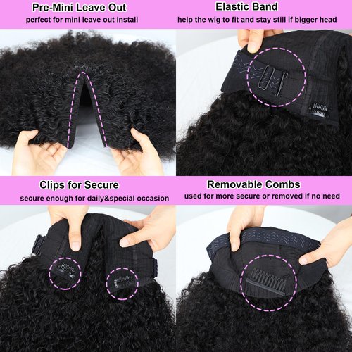 Domiso Afro Kinky Curly New Super V Part Wig Human Hair Glueless Wigs Pre-Minimum Leave Out 200% Density Upgraded V Part Wigs with Anti Slip Elastic Band and Removable Clips for Secure 20 Inch