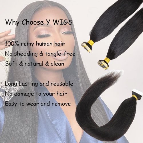 Y WIGS 40 Pieces Yaki Straight Tape In Hair Extensions Real Human Hair Remy Tape In Extensions 80g 14" NC(Natural Brown)