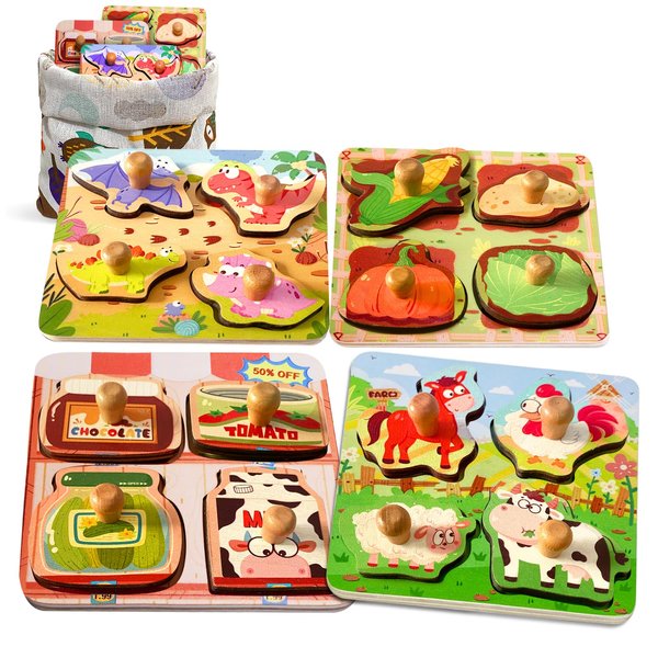 Zeoddler Wooden Puzzles for Toddlers, 4 Pcs Peg Puzzles for Kids 2-4, Preschool Learning Puzzles for 2 3 Years Old, Montessori Puzzle for Boys, Girls