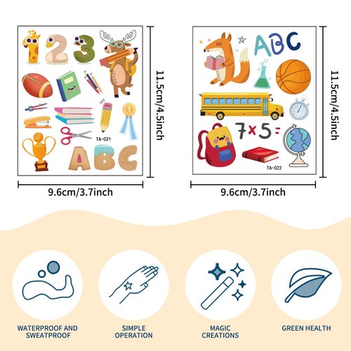 Back to School Temporary Tattoo Stickers Cute School Tattoo Stickers Pencils Book Crayons and Pencil Cases Lovely Deisgn for Kids Body Face Arm Stickers for The First Day Shool 10sheets
