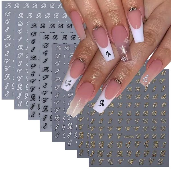 Retro English Letters Nail Stickers for Nail Art 8 Sheets 3D Self-Adhesive Black White Gold Silver Design Nail Decals Pegatinas Uñas Personalized Letter Nail Art Supplies for Women DIY Manicure