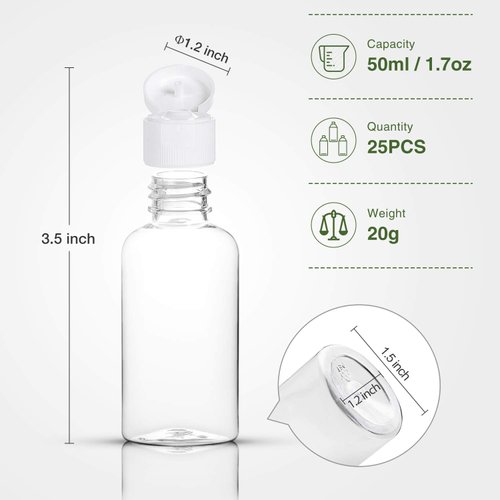 50ML Plastic Empty Bottles Clear Travel Containers Travel Size Bottles with Flip Cap, HDPE Squeezable Refillable Toiletry/Cosmetic Bottles - Set of 25 - Oval Design (clear)