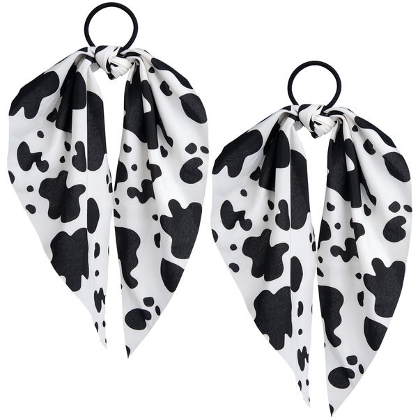 SmallCat 2pcs Cow Print Hair Bands for Women, Non-Slip Rabbit Bunny Ear Bow Hair Tie Ropes Scrunchies, Elastic Bowknot Ponytail Holder Hair Bandana Accessories for Curly Straight Thin Thick Fine Hair