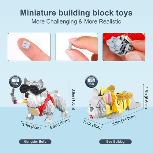qOvOp 2 Packs Micro Brick Building Toys, French Bulldog & Bully Pit Bull, Mini Building Blocks Cute Animal Set, Pets Growth Record The World's Smallest Building Block Set
