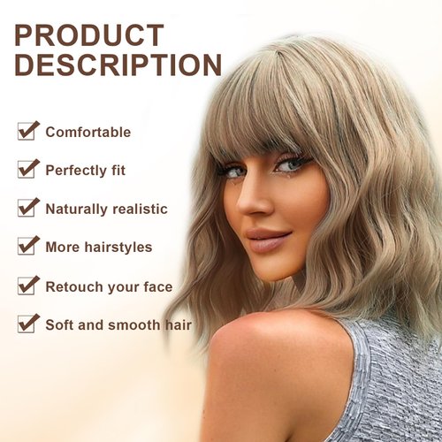 Remy Blue 14'' Short Mixed Blonde Wig With Bangs Short Blonde Bob Wigs Shoulder Length Women's Short Curly Wavy Wig Synthetic Cosplay Wig for Girl Costume Wigs