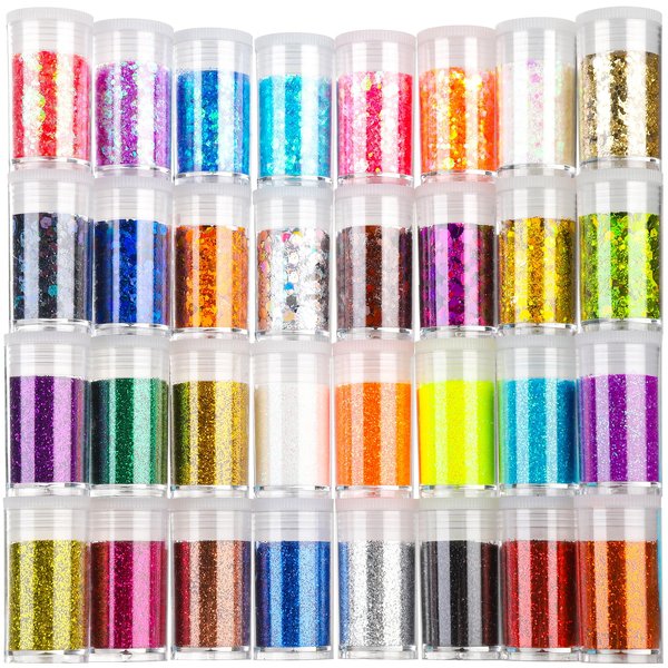 Teenitor Glitter, Holographic Chunky Glitters and Fine Glitters, Body Glitter for Nails, Face Glitter Assorted Glitter, Festival Glitter for Nail Face Hair Body, Glitter for Resin Tumblers, 16+16pcs