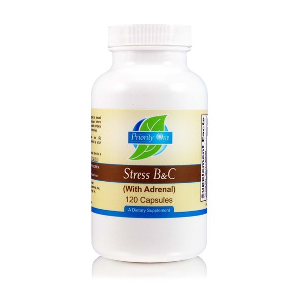 Priority One Vitamins Stress B & C 120 Capsules - B Complex with Whole Gland Adrenal to Support Healthy Nerves, Skin, Eyes, gastrointestinal, and Brain Functions.*